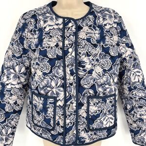Rachel Zoe Quilted Cotton Snap Button Down Floral Jacket Cotton Blue White Sz M